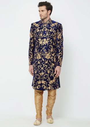 Navy Blue Velvet Readymade Sherwani For Men