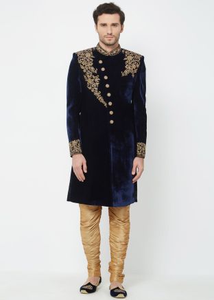 Navy Blue Readymade Sherwani With Breeches