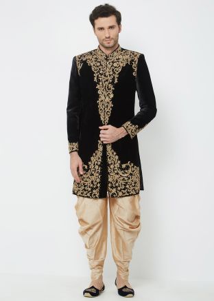 Black Velvet Readymade Sherwani With Dhoti