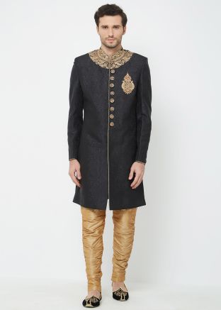 Readymade Brocade Embroidered Sherwani In Black