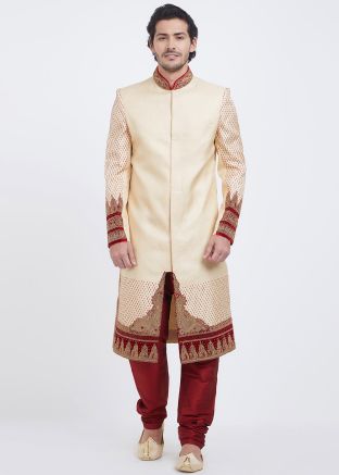 Cream Brocade Groom Sherwani With Breeches