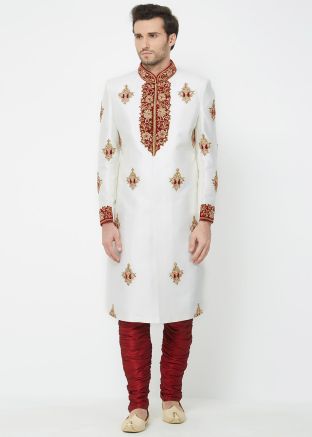 White Art Silk Groom Sherwani With Breeches