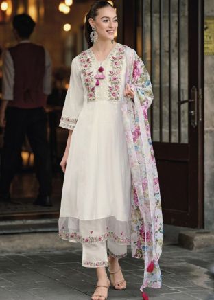 Readymade White Embroidered Pant Suit Set