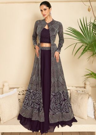 Purple Embroidered Jacket Style Lehenga Choli