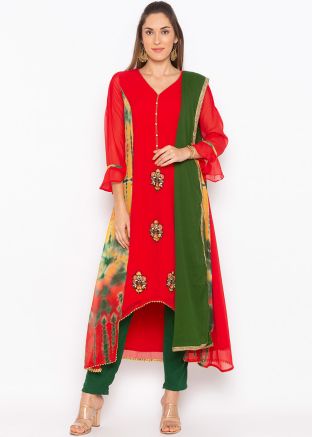 Red Readymade Tie-Dye Printed Pant Salwar Suit