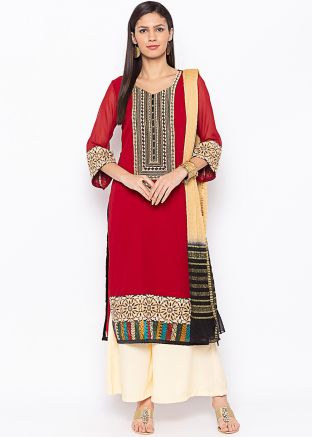Red Embroidered Straight Cut Readymade Palazzo Suit