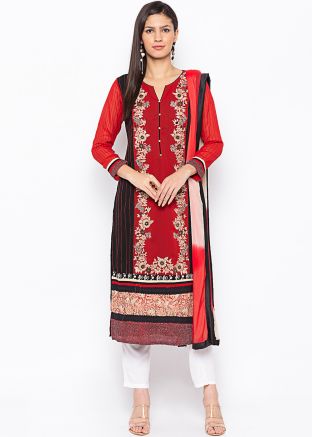 Red Black Embroidered Readymade Pant Salwar Suit