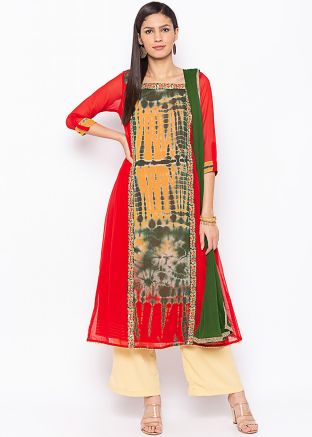 Red Tie-Dye Printed Readymade Pant Salwar Suit