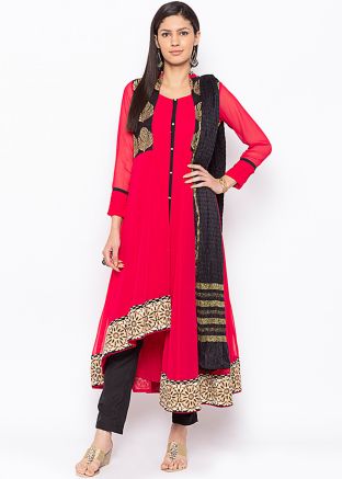 Red Asymmetric Readymade Pant Salwar Suit