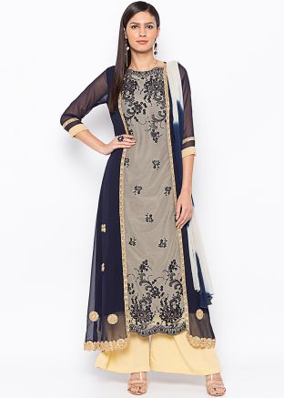 Navy Blue Embroidered Readymade Palazzo Suit
