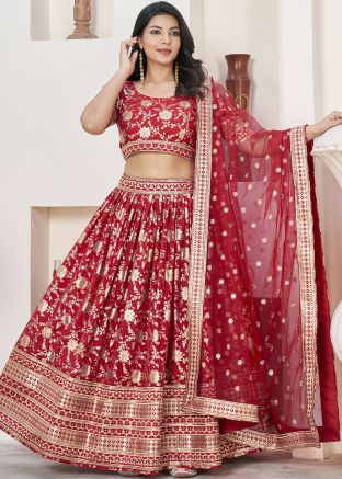 Red Embroidered Lehenga Choli In Jacquard