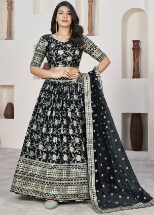 Black Embroidered Lehenga Choli In Jacquard