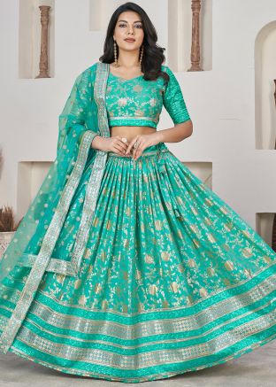 Turquoise Embroidered Lehenga Choli In Jacquard