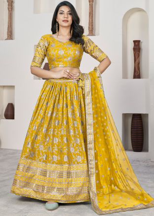 Yellow Embroidered Lehenga Choli In Jacquard