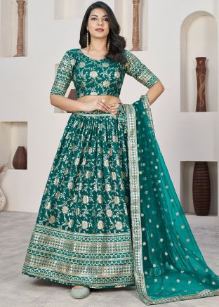 Green Embroidered Lehenga Choli In Jacquard