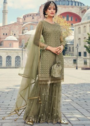 Green Embroidered Net Gharara Suit With Dupatta