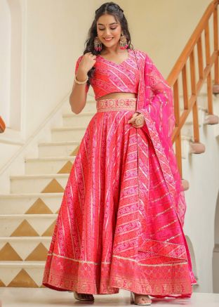 Pink Bandhani Printed Lehenga Choli In Brocade