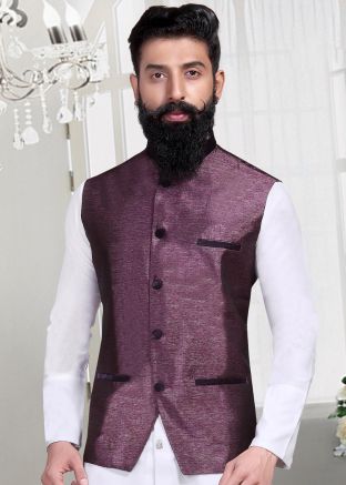 Readymade Linen Nehru Jacket In Purple
