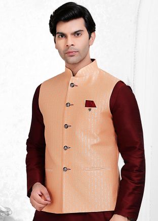 Readymade Art Silk Jacquard Nehru Jacket In Orange