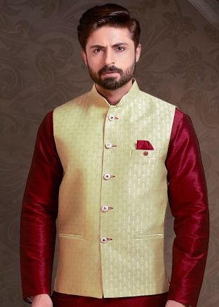 Light Green Art Silk Jacquard Readymade Nehru Jacket