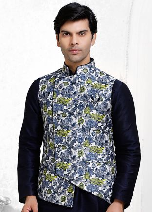 Art Silk Asymmetric Nehru Jacket In White