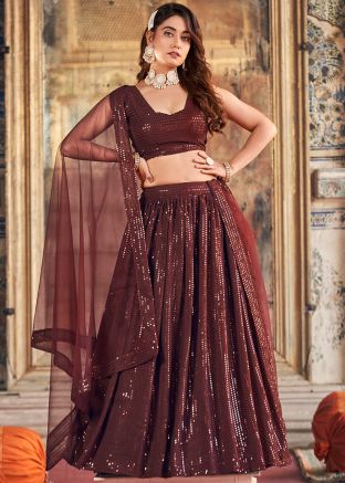 Brown Embroidered Lehenga Choli In Georgette