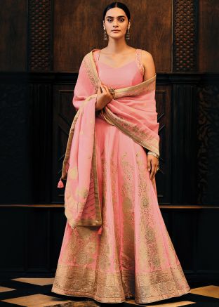 Coral Pink Viscose Lehenga Choli In Zari Woven Work