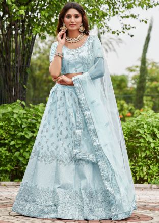 Pastel Blue Satin Silk Lehenga Choli In Dori Embroidered