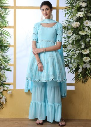 Blue Mirror Embellished Tiered Palazzo Suit