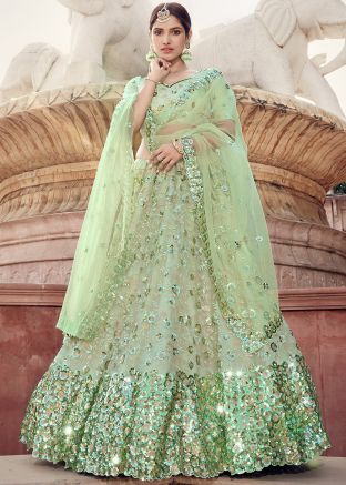 Green Floral Embroidered Sequins Lehenga Choli