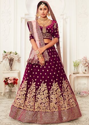 Wine Embroidered Velvet Bridal Lehenga Choli