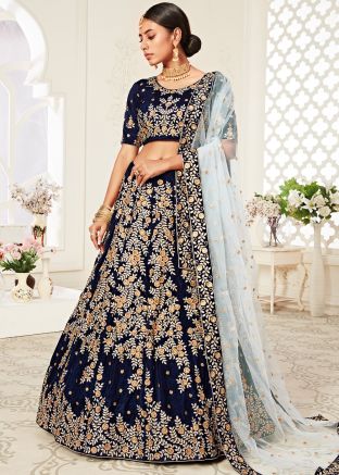 Navy Blue Velvet Floral Embroidered Bridal Lehenga Choli