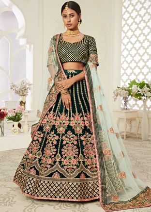 Green Embroidered Velvet Bridal Lehenga Choli