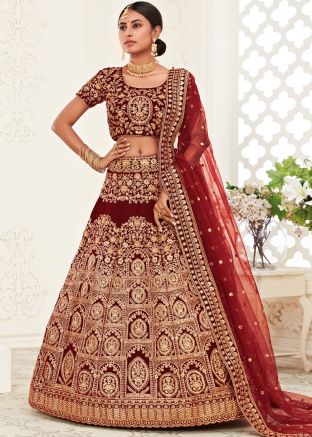 Maroon Embroidered Velvet Bridal Lehenga Choli