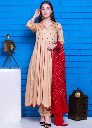 Beige Readymade Mirror Embellished Anarkali Suit