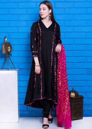 Black Readymade Asymmetric Embroidered Salwar Kameez