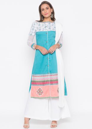 Readymade Turquoise Slit Style Printed Border Palazzo Suit