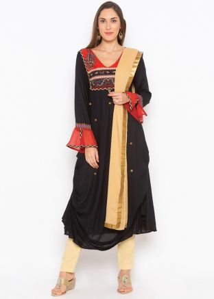 Black Bell Sleeved Asymmetric Readymade Pant Salwar Suit