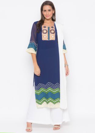 Blue Readymade Straight Cut Printed Border Palazzo Suit
