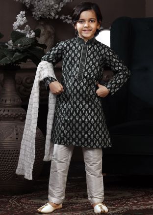 Black Printed Kids Readymade Kurta Pajama Set
