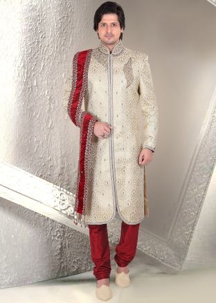 Grey Readymade Brocade Groom Sherwani With Churidar