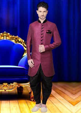 Magenta Linen Indo Western Sherwani With Dhoti