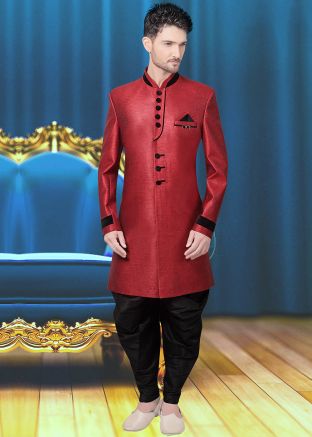 Linen Indo Western Red Sherwani With Dhoti