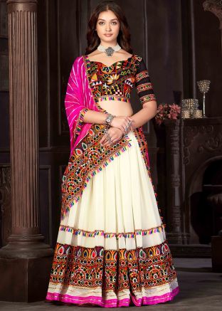 Off White Thread Embroidered Navratri Style Lehenga Choli 