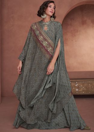 Grey Printed Jacket Style Gown