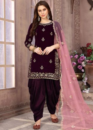 Purple Velvet Embroidered Patiala Suit
