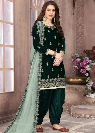 Green Embroidered Patiala Suit With Dupatta