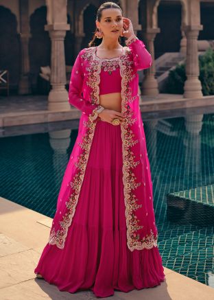 Pink Jacket Style Tiered Lehenga Choli In Thread Work