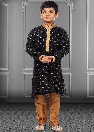 Kids Black Printed Readymade Kurta Pajama Set
