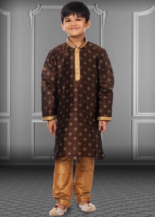 Brown Printed Kids Readymade Kurta & Pajama